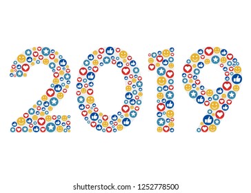 New Year 2019 with social emotion icons - illustration - Vector EPS