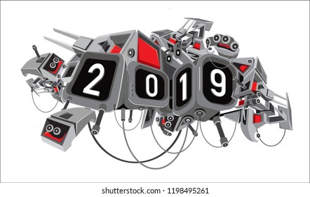 new year 2019 text with digital sci-fi robotic background design element