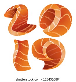 New Year 2019 text icon design. Isolated numbers looks like salmon pieces style for sushi menu design.