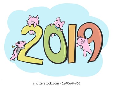 New year 2019, This year have been pig mascot in astrological of china, vector illustration, This picture was drawing by hand and liking doodle.