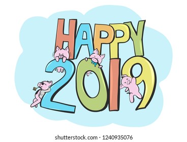 New year 2019, This year have been pig mascot in astrological of china, vector illustration, This picture was drawing by hand and liking doodle.