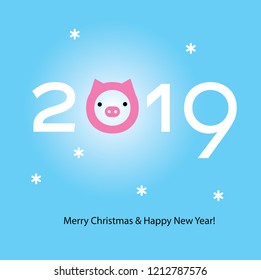 New year 2019 typography greeting design with symbol of the year pig icon. Vector illustration. Suitable for card, poster, banner.