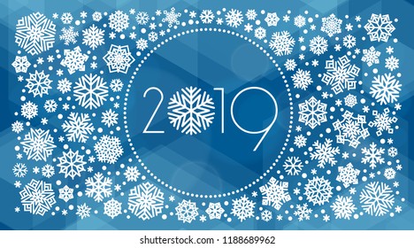 New year 2019 vector illustration with white snowflakes on dark blue background