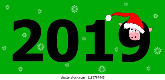 New Year 2019. Vector illustration with figures, pig and snowflakes. New Year’s card with symbol of 2019 on the Chinese calendar. Design for greeting, postcard, invitation, t-shirt and more.