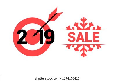 New Year 2019. Vector Target and Sale Symbols. Merry Christmas and Happy New Year Design Elements. Resource for Creating Postcards, Calendars or Posters, Presentations or Banners.
