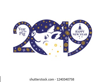 New Year 2019. Vector template with geometric snowflakes and a head cute Pig. Decorative element for New Year design.