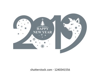 New Year 2019. Vector template with snowflakes and a head cute Pig Boar. Decorative element for festive design.