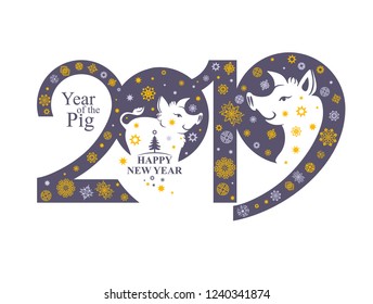 New Year 2019. Vector template with snowflakes and a head of a cute Pig and a cute Boar. Decorative element for festive design.