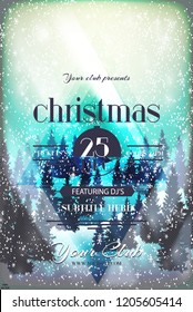 New Year 2019. Winter is coming. Winter Woodland Landscape with falling snow, geometric shapes, christmas tree. Design template for flyer, banner, invitation, congratulation, poster design.  EPS 10