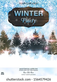 New Year 2019. Winter is coming. Winter Woodland Landscape with falling snow and wooden banner, Christmas tree. Design template for flyer, banner, invitation, congratulation, poster design.  EPS 10