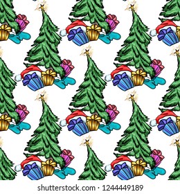 New year 2019, winter seamless background. Christmas trees, gifts, stars, mittens, Santa hat on white background. Suitable for tablecloth, holiday tableware, wrapping paper, fabrics and more.