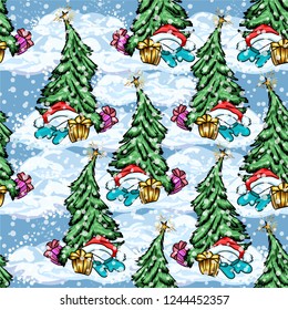 New year 2019, winter seamless background. Christmas trees, gifts, stars, mittens, Santa hat on snowy blue background. Suitable for tablecloth, holiday tableware, wrapping paper, fabrics and more.