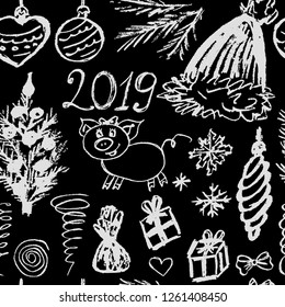 New Year 2019. New Year's seamless pattern. Children's drawings white chalk. Snowflakes, gifts, Christmas tree, Christmas toys, candy, Christmas hat, 2019, pig