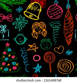 New Year 2019. New Year's seamless pattern. Children's drawings wax crayons. Snowflakes, gifts, candy, bow, Christmas tree, fur-tree toys