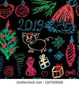 New Year 2019. New Year's seamless pattern. Children's drawings wax crayons. Snowflakes, gifts, Christmas tree, Christmas toys, candy, Christmas hat, 2019, pig