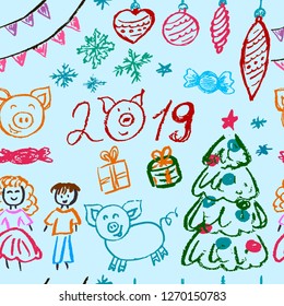 New Year 2019. New Year's seamless pattern. Children's drawings of wax crayons. Christmas tree, fur-tree toys, candy, gifts, children, 2019, pig