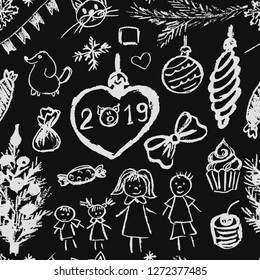 New Year 2019. New Year's seamless pattern. Children's drawings white chalk. Christmas tree, fur-tree toys, candy, gifts, children, 2019, family