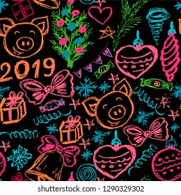 New Year 2019. New Year's seamless pattern. Children's drawings wax crayons. Christmas tree, fur-tree toys, candy, gifts, pig, 2019