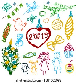 New Year 2019. New Year's set of elements for your creativity. Children's drawings of wax crayons on a white background. Christmas tree, fur-tree toys, candy, gifts, children, 2019, family