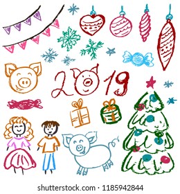 New Year 2019. New Year's set of elements for your creativity. Children's drawings of wax crayons on a white background. Christmas tree, fur-tree toys, candy, gifts, children, 2019, pig
