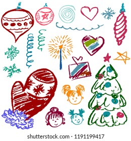 New Year 2019. New Year's set of elements for your creativity. Children's drawings of wax crayons on a white background. Snowflakes, gifts, Christmas tree, fur-tree toys, children, mittens