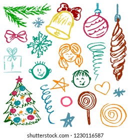 New Year 2019. New Year's set of elements for your creativity. Children's drawings of wax crayons on a white background. Snowflakes, gifts, candy, bow, Christmas tree, fur-tree toys