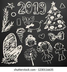 New Year 2019. New Year's set of elements for your creativity. Children's drawings with white chalk on a black background. Christmas tree, mitten, 2019, pig, children