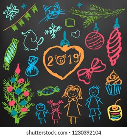 New Year 2019. New Year's set of elements for your creativity. Children's drawings wax crayons on a black background. Christmas tree, fur-tree toys, candy, gifts, children, 2019, family
