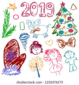 New Year 2019. New Year's set of elements for your creativity. Children's drawings of wax crayons on a white background. Christmas tree, mitten, 2019, pig, children