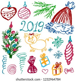 New Year 2019. New Year's set for your creativity. Children's drawings of wax crayons on a white background. Snowflakes, gifts, Christmas tree, Christmas toys, candy, Christmas hat, 2019, 