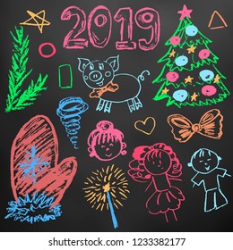 New Year 2019. New Year's set of elements for your creativity. Children's drawings wax crayons on a black background. Christmas tree, mitten, 2019, pig, children