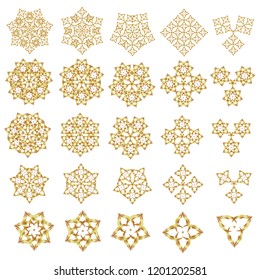 New Year 2019-2022 collection. 25 golden snowflakes set in abstract style. Freehand ethnic Xmas sketch. Ornamental artistic vector illustration in golden colors for Merry christmas cards.