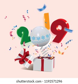 New Year 2019,surprising box with a numbers and colorful confetti jumping out like a jack in the box isolated on the light background