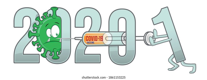 new year from 2020 to 2021  text with covid-19 cartoon and vaccine . vector illustration