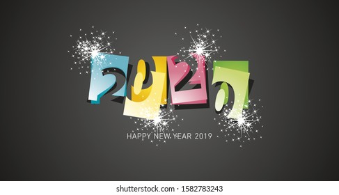 New Year 2020 abstract design negative space numbers sparkle firework calendar sheets colorful black background