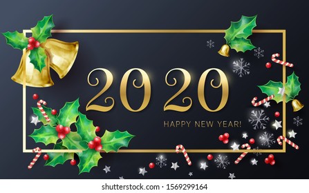 New Year 2020 background, decorated by Christmas ornaments
made of golden bells, holly, candy canes, stars, and snowflakes against dark background.