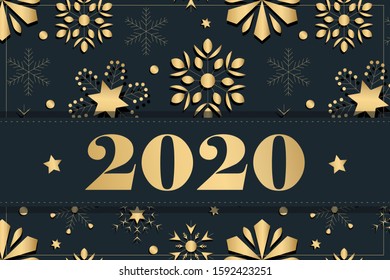New year 2020. In the background falling snowflakes in gold. Big inscription. Card, poster. Template for your graphics. An exclusive project.