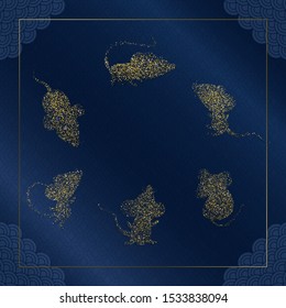 New Year 2020 banner. Set of gold glittering mouse or rat silhouettes on dark blue background. Icons with sequins different shapes. Asian patterns. Vector illustration.