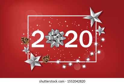 New Year 2020 banner with shining silver stars and ribbon. White fairy light and red background. Vector