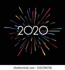 New Year 2020 black card with colorful firework. Festive design. Vector background.