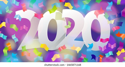 new year 2020. bright festive background with colored lights and confetti