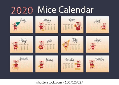 New Year 2020 calendar. Flat vector set of little cartoon mouse. Merry Christmas and Happy new year mice collection.