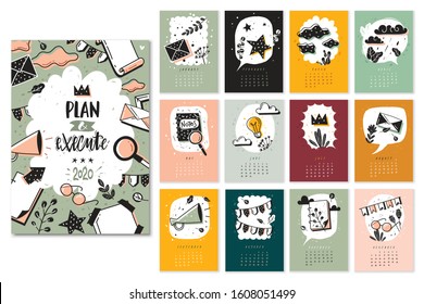 New Year 2020 calendar template design with bullet doodles journal and flowers elements. All months pages, cover frame illustration. Vector planner.