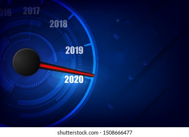 New year 2020 car speedometer, red indicator on black blur background