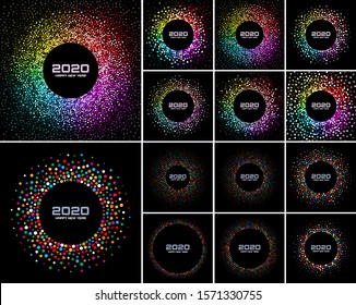 New Year 2020 Card Backgrounds set. Bright Colorful Disco Lights Halftone Circle Frame isolated on black background. Confetti circle border using rainbow colors dots texture. Vector collection.