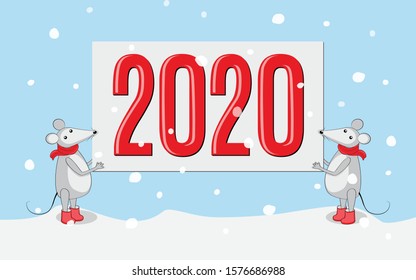 New year 2020 card with two cartoon cute mice holding banner with isometric red numeric 2020 on the winter landscape background. eps 10