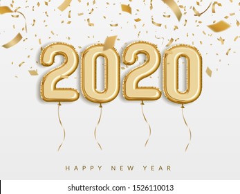 New Year 2020 Celebrate, Gold Foil Balloons With Numeral And Confetti. 3D Realistic Vector Illustration