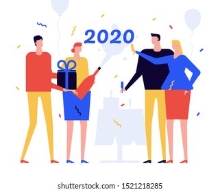 New Year 2020 celebration flat design style illustration. Friends drinking cocktails, making presents at party cartoon characters. Winter holidays festive mood greeting card, postcard layout