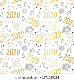 New Year 2020 celebration seamless vector pattern. Repeating background New Year Eve party background with champagne wine glasses, fireworks, party hats. Gold foil effect. use for part invite, cards