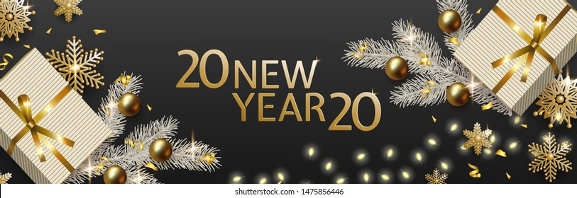 New Year 2020 and Christmas design, gift box, white Christmas tree branch, gold balls, snowflakes, garland with luminous bulbs on black background. Festive vector horizontal template